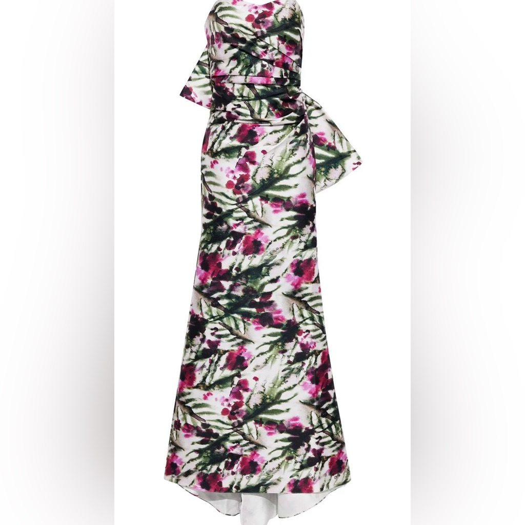 Badgley Mischka Strapless Bow Floral Duchesse Satin Twill Gown